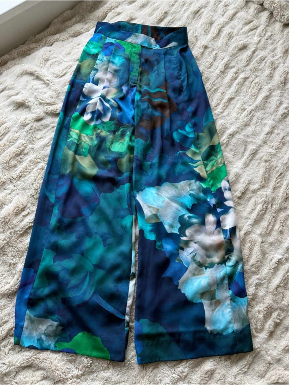 Floral Wide Leg Silk Pants in Teal & Green